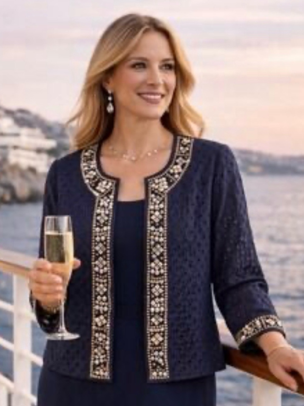 Chicos 2(L) Navy Blue Eyelet Studded Embellished Open Cardigan Jacket 3/4 Sleeve